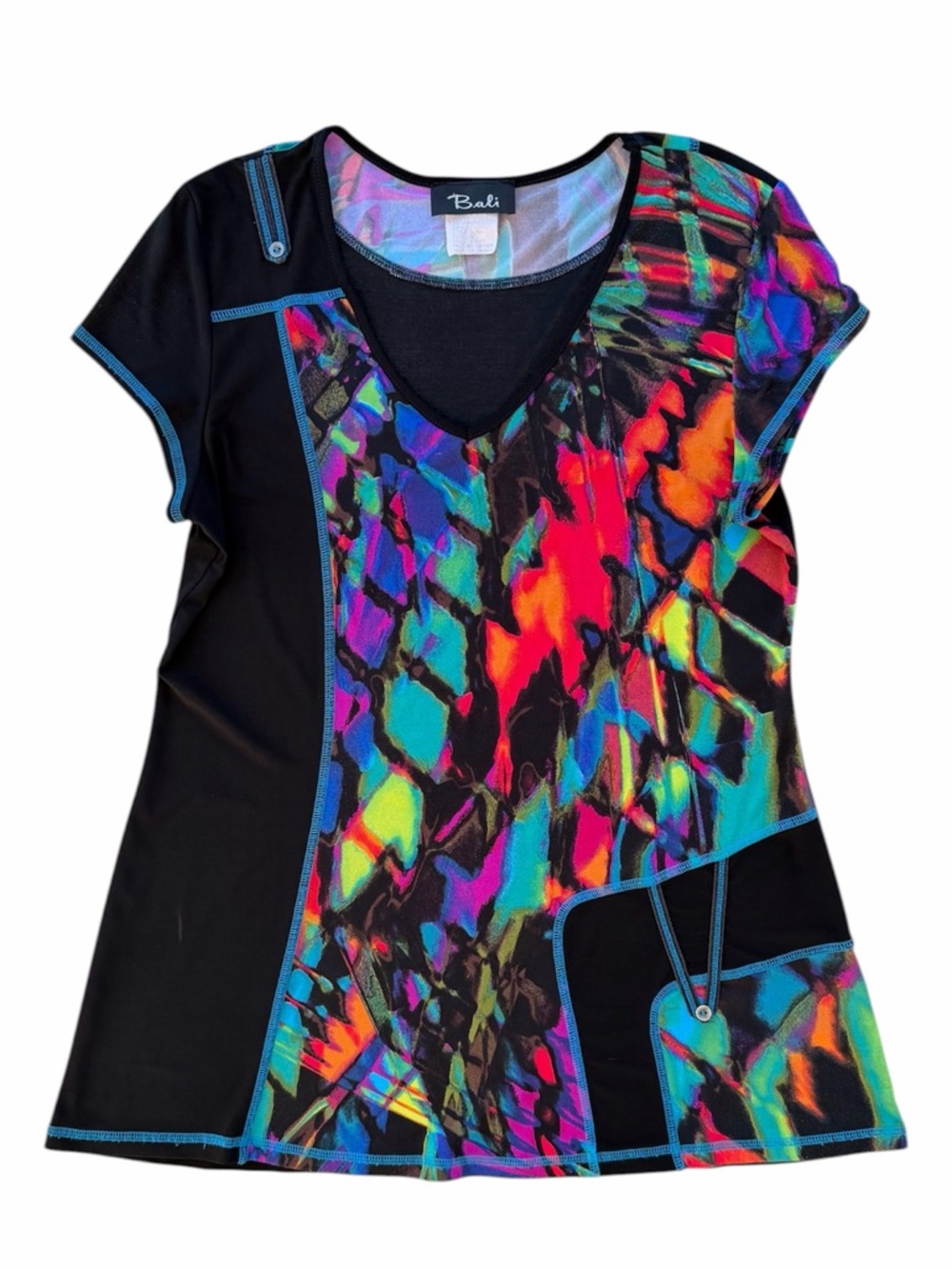 Bali Black Multicolor V-Neck Short Sleeve Top with Bright Abstract Print
